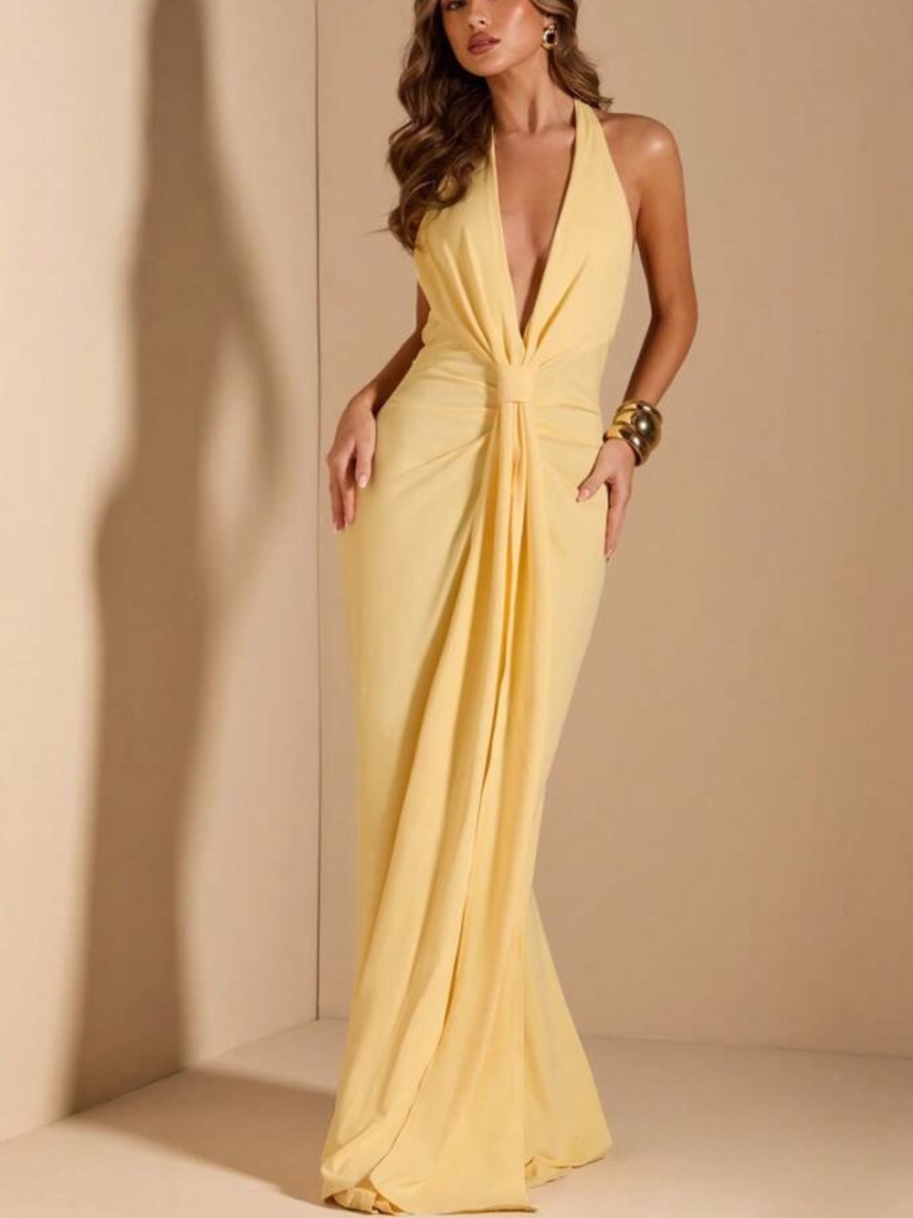 Yellow Halter Maxi Dress with Deep V-Neck - Picture 5 of 5
